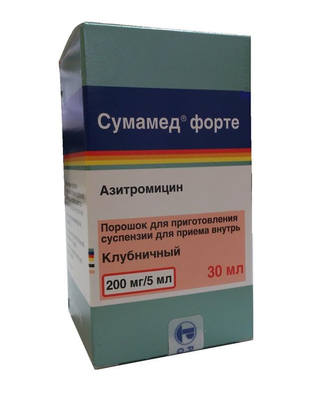 сумамед форте порошок для приготовления суспензии 200 мг/5 мл 30 мл клубника